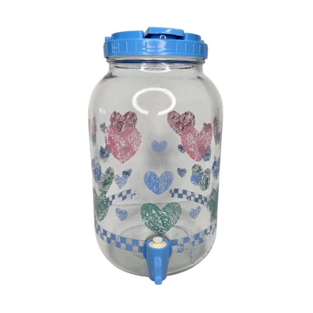 Country Hearts & Checkers Glass Sun Tea Jar W Blue Plastic Lid & Spigot Vtg 80s
